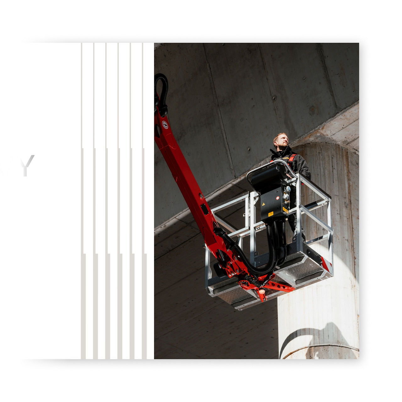 Split layout with a large construction lifting image on the right and a subtle uplifting pattern column on the left, emphasizing vertical motion and height.