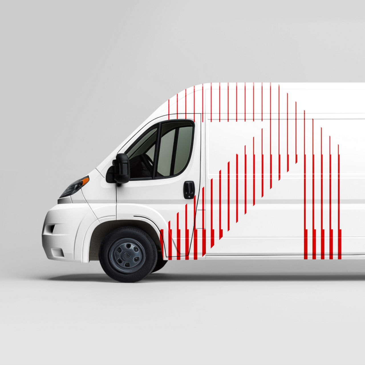 Weißer Lieferwagen in Seitenansicht mit einem großen roten, Uplifting Pfeillinienmuster, das als Markengrafikelement in die Fahrzeugkarosserie integriert ist.