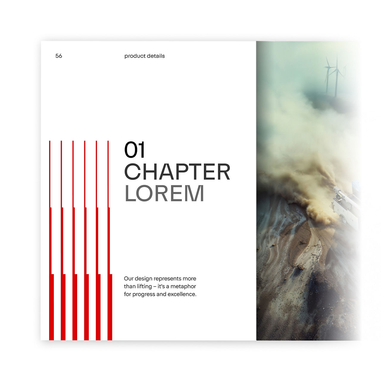 Layout für den Kapitelanfang mit fetter Typografie („01 Kapitel Lorem“), unterstützendem Text und einer starken, Uplifting-Muster-Spalte, die entlang der linken Kante ausgerichtet ist.