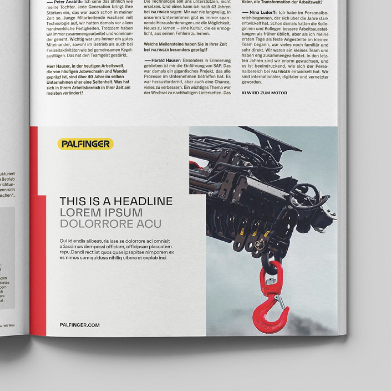 Layout des PALFINGER-Magazins mit einer Nahaufnahme eines Ladekranhakens neben einer Überschrift und einem redaktionellen Text.
