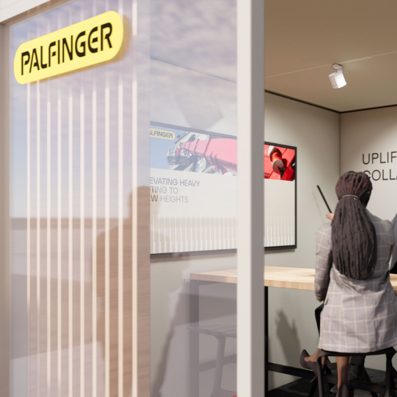 Galerie-Element, in dem Palfinger auf einer Glastür präsentiert wird