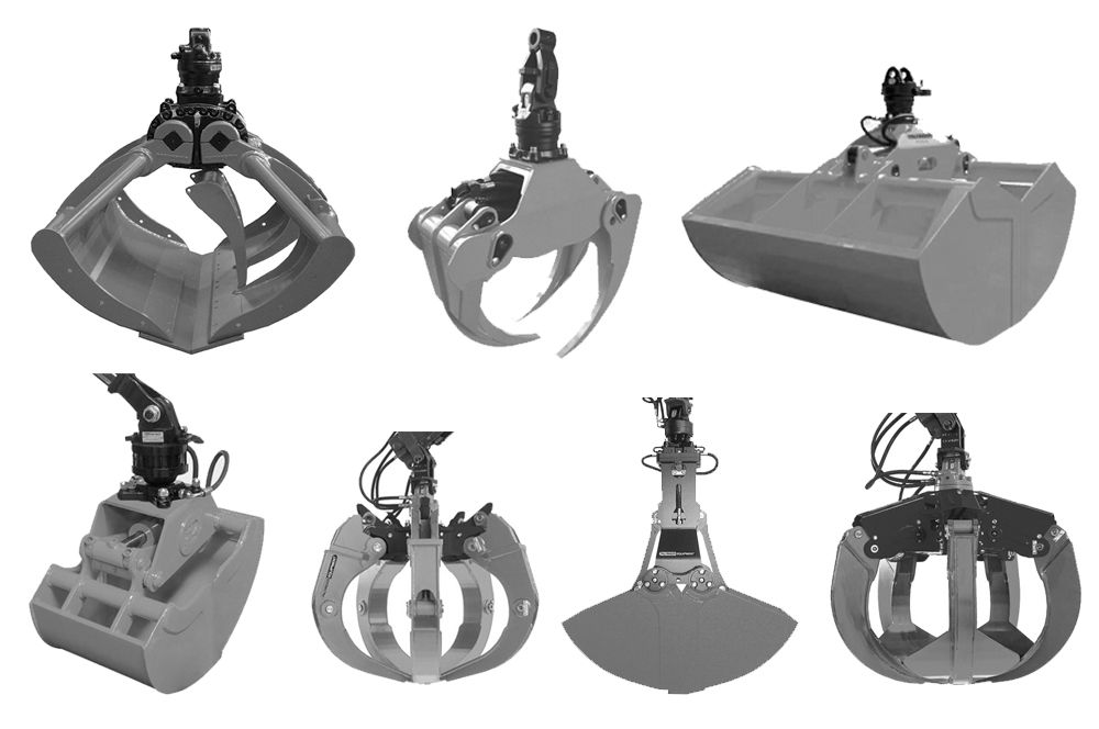 Overview of seven different Palfinger hydraulic grab attachments for loader cranes, displayed in two rows on a white background, including multi-tine grabs, timber grabs, orange peel grabs, a clamshell bucket, and a bulk material grab.