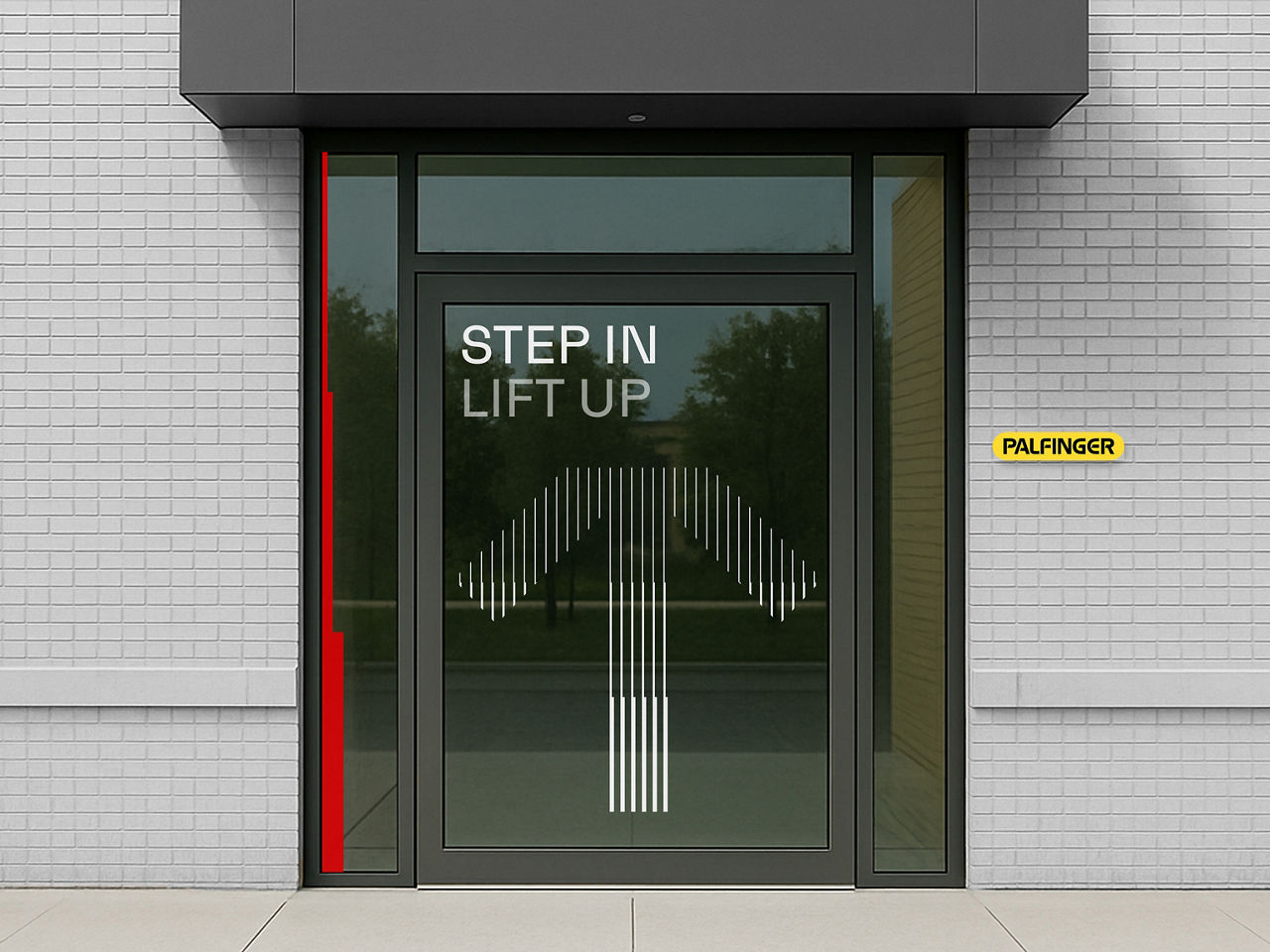 Real-world application of arrow pattern on a building entrance door with directional guidance text