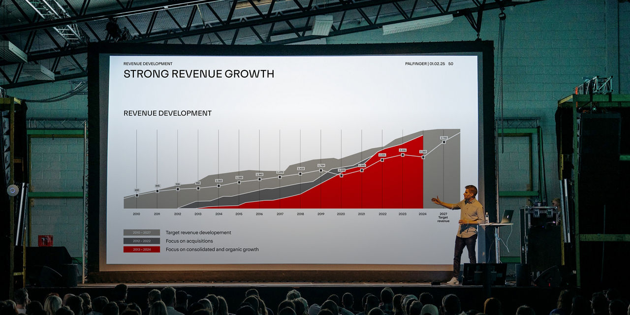 Presenter standing beside a large screen showing a revenue growth chart with projected increases over time during a corporate presentation.