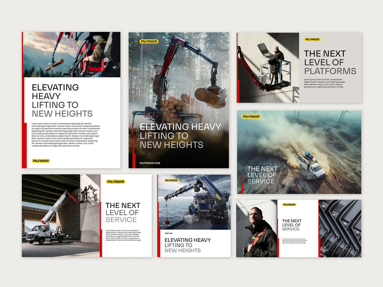 A collage of PALFINGER marketing visuals featuring cranes and aerial platforms in forestry, construction, marine, and service settings. Bold headlines like “Elevating Heavy Lifting to New Heights” and “The Next Level of Service” appear throughout.