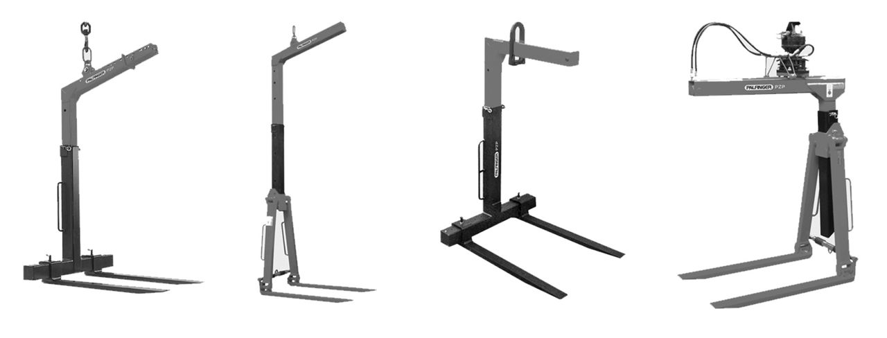 Four PALFINGER crane fork variants (Krangabel) in different configurations: hook-suspended, folding, fixed upright, and hydraulic model.