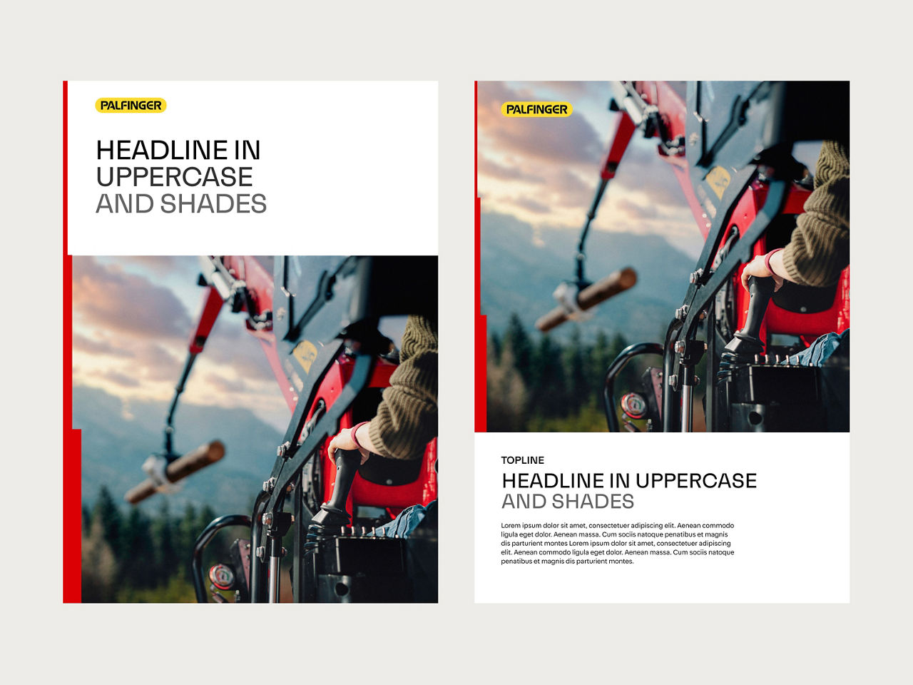 A split layout example combining imagery and text, with uplifting lines anchoring the left edge for visual continuity. One variation places the headline above the image, while the other positions text below with a supporting topline.