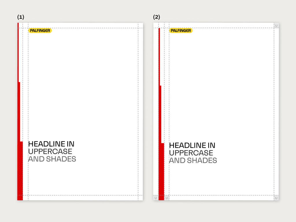 A margin layout example showing uplifting lines aligned to the left edge, with two variations demonstrating different margin widths. Dashed guides indicate safe areas, logo placement, and headline positioning within the layout.