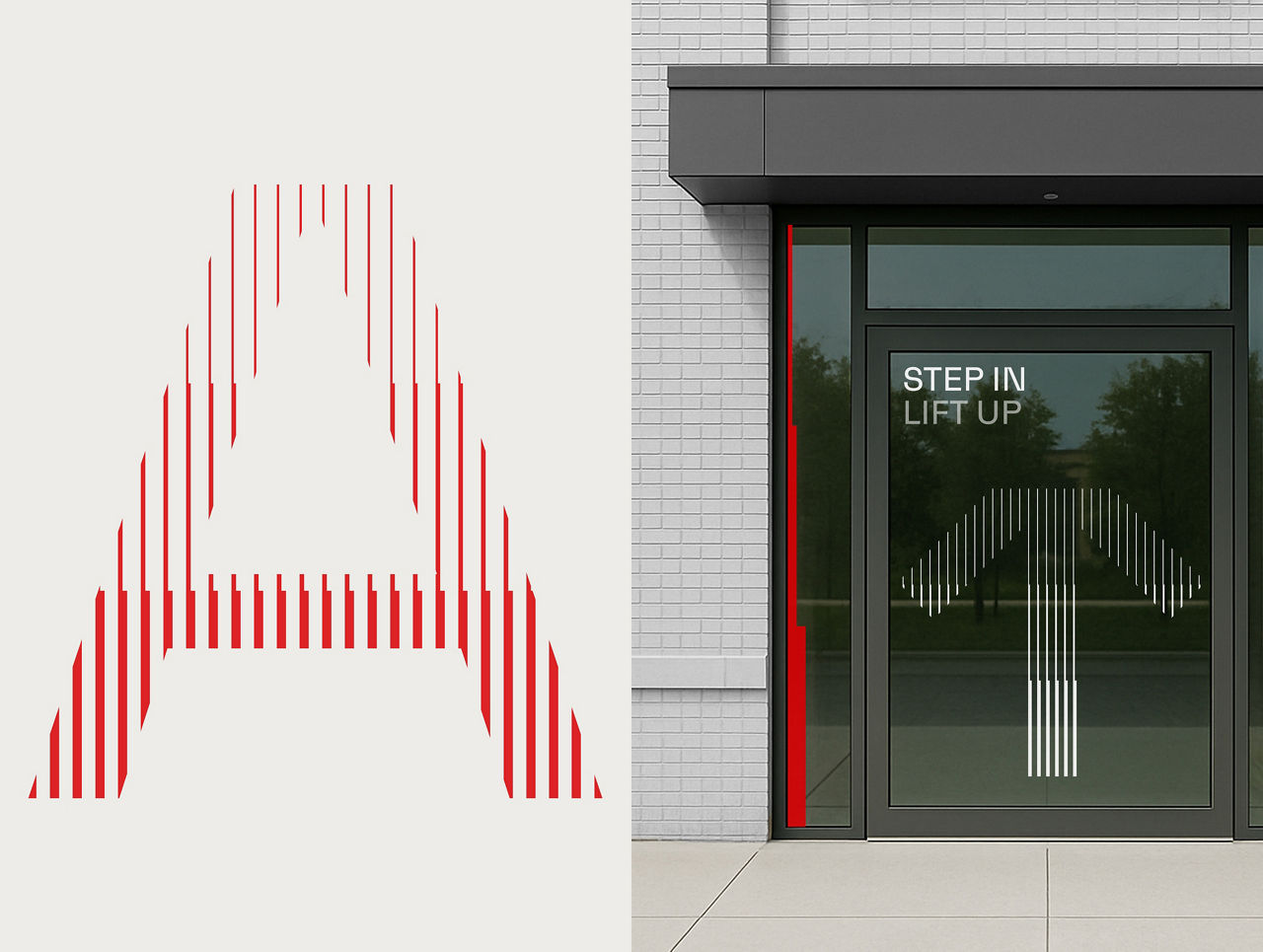 Red uplifting lines form an abstract triangular shape on a light background beside a modern building entrance, where the same line-based pattern and an upward arrow are applied to a glass door to communicate “step in, lift up.”