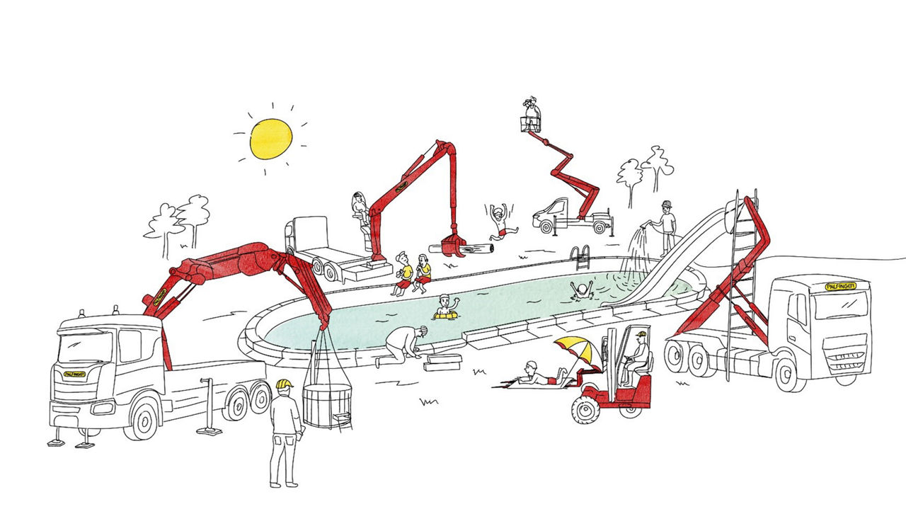A drawing image of a real pool with PALFINGER products aside as well as people engaging with both