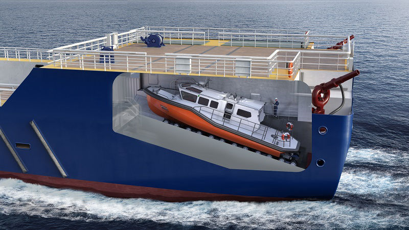 Slipway with a 12° slope angle. Daughter craft in parking position with wheel brakes engaged. The daughter craft is held in place by friction between the hull and the rubber wheels.