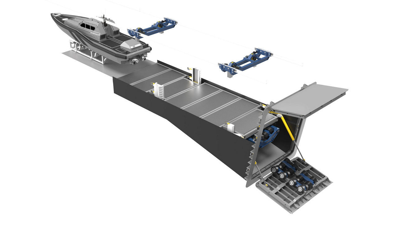 Slipway System in stowed position, allowing other types of operations to be conducted through the upper half of the stern door