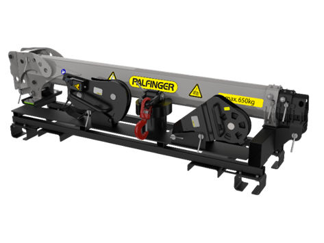 Palfinger MFA jib attachment with integrated tool rack for stowing the wire rope, pulley block and lifting hook, shown in stored/transport position on a grey background.