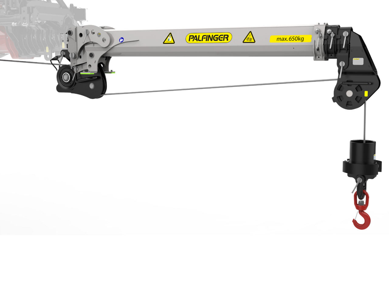 Palfinger MFA jib attachment with a maximum load capacity of 650 kg, featuring a wire rope, pulley block, and red lifting hook, shown on a neutral grey background.
