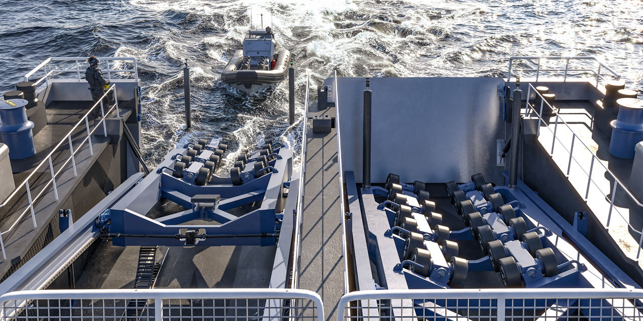 The slipway cradle support frame is elevated to the designated operational angle, enabling the slipway cradle to be fully deployed for launch and recovery operations.