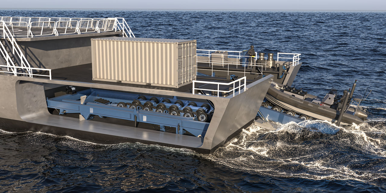 The hydraulically operated Slipway System is shown stowed and secured beneath the hatch cover, with a container positioned on top.