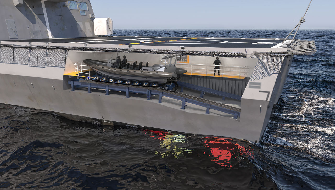 With the boat fully recovered into the slipway cradle, the rack-and-pinion drive mechanism smoothly transports the cradle and daughter craft into the secured parking position. The cradle’s travel distance is fully adjustable, ensuring precise positioning for different vessel types and operational requirements.