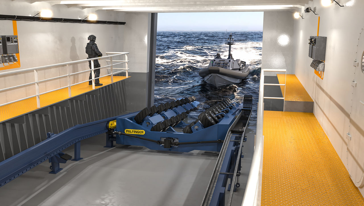 The slipway cradle is fully deployed to the launch and recovery position using a robust rack-and-pinion drive mechanism. This system supports a speed differential of up to 7 knots between the mother vessel and the daughter craft, enabling safe and efficient in-voyage LARS operations. The friction-based LARS is equally suitable for handling manned and unmanned mission craft (USVs).