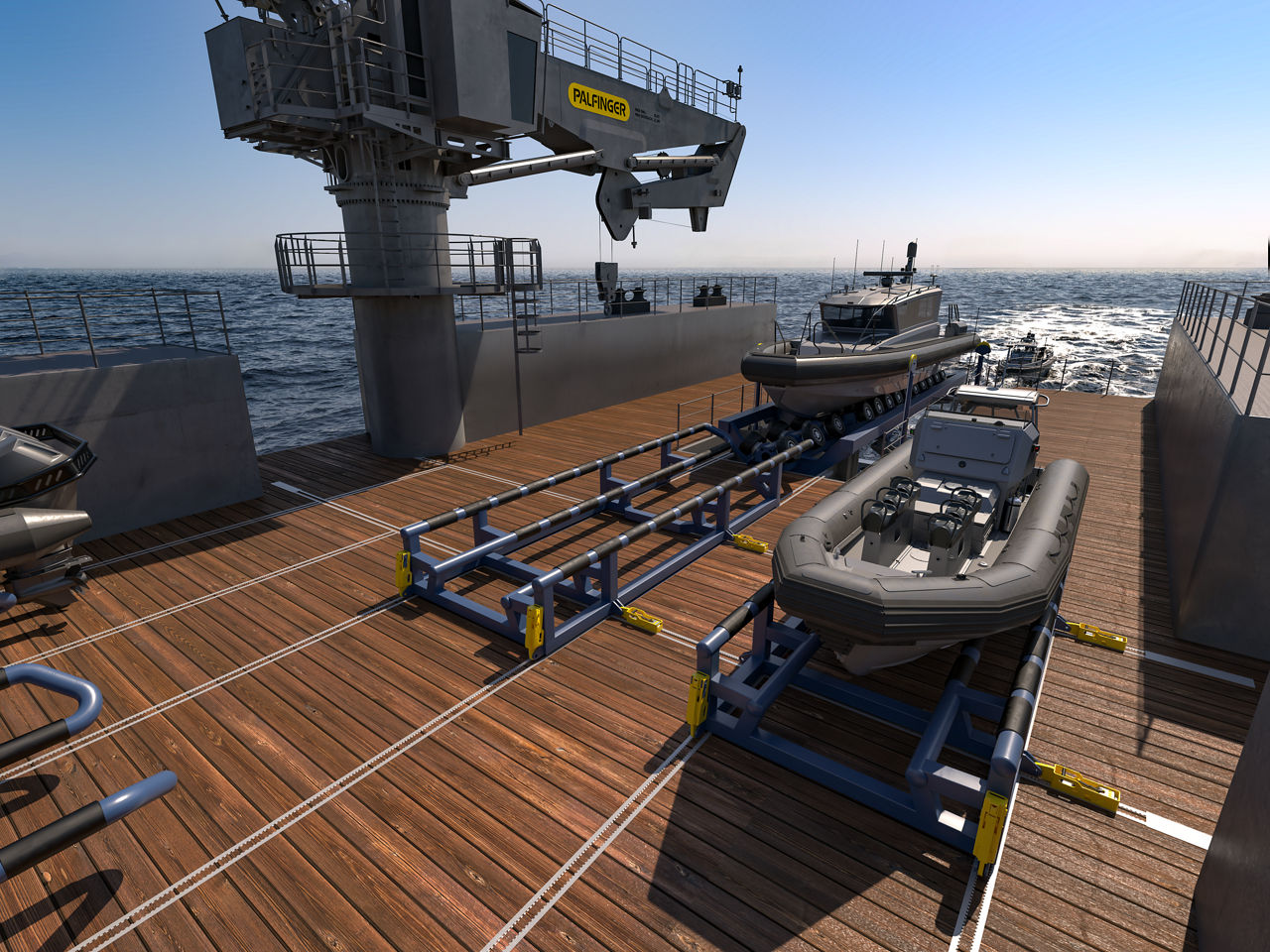 Bi-directional skidding system for moving boat parking cradles on main-deck