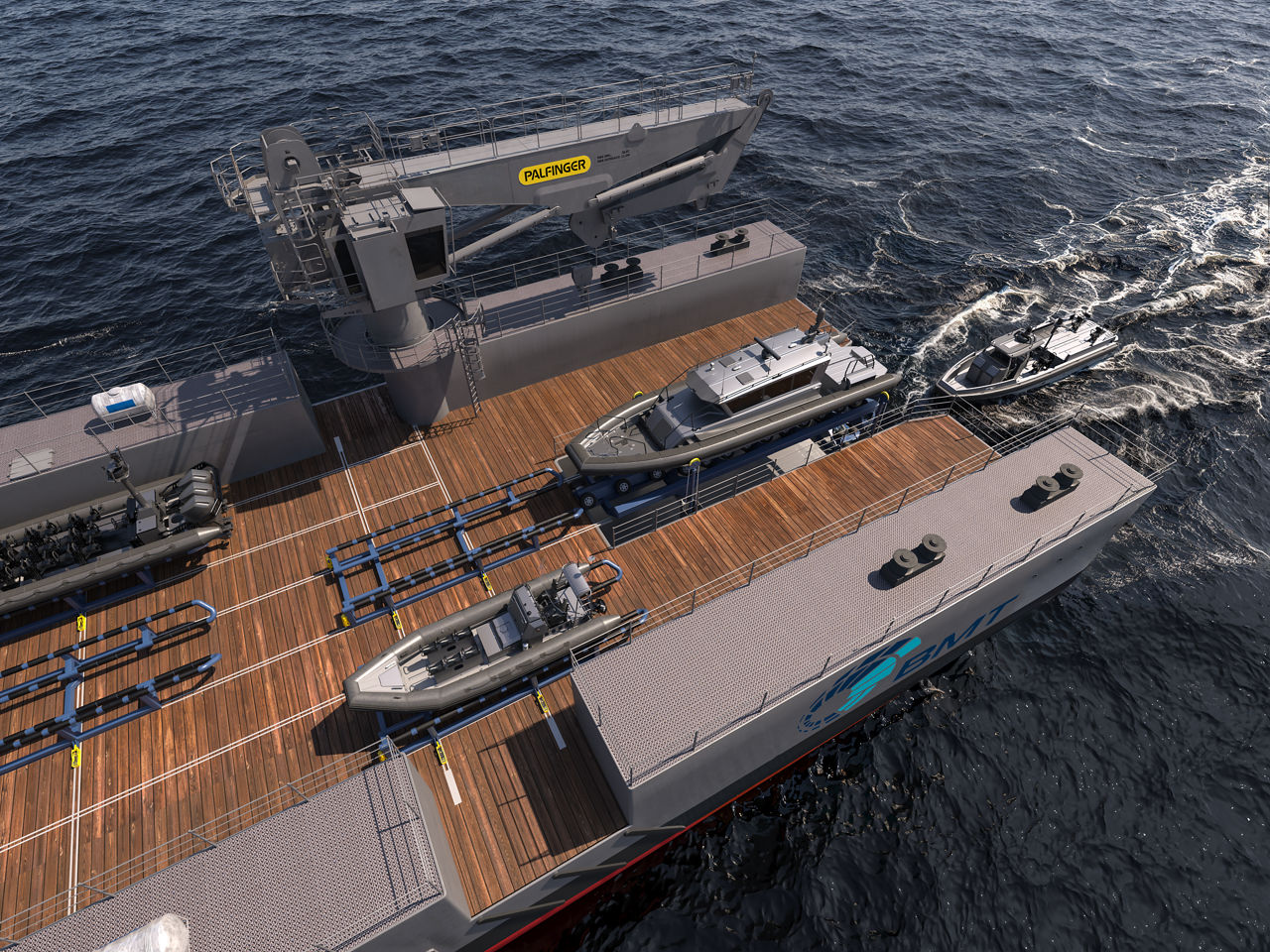Slipway cradle elevated to deck level; Extendable boat transfer unit for transfer of boat to parking cradle