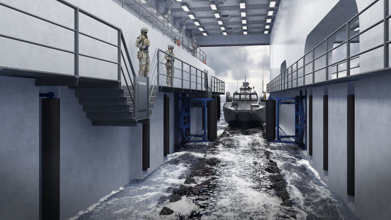 Each boat parking position is equipped with hydraulically actuated buffer devices for secure and controlled positioning