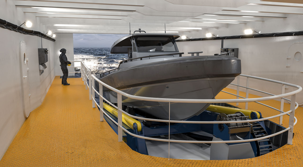 The Slipway System is fully self-adjusting, allowing it to launch and recover various boats with different hull shapes and propulsion configurations, without requiring any system reconfiguration when switching between boat types.