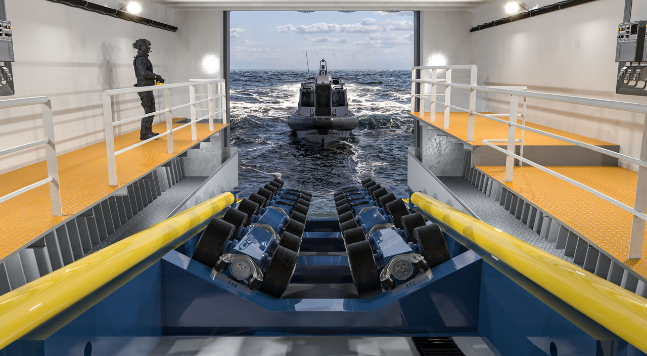 The slipway cradle is fully deployed to the launch and recovery position by hydraulically operated cylinders. The Slipway System supports a speed differential of up to 7 knots between the mother vessel and the daughter craft, enabling safe and efficient in-voyage LARS operations. The friction-based LARS is equally suitable for handling manned and unmanned mission craft (USVs).