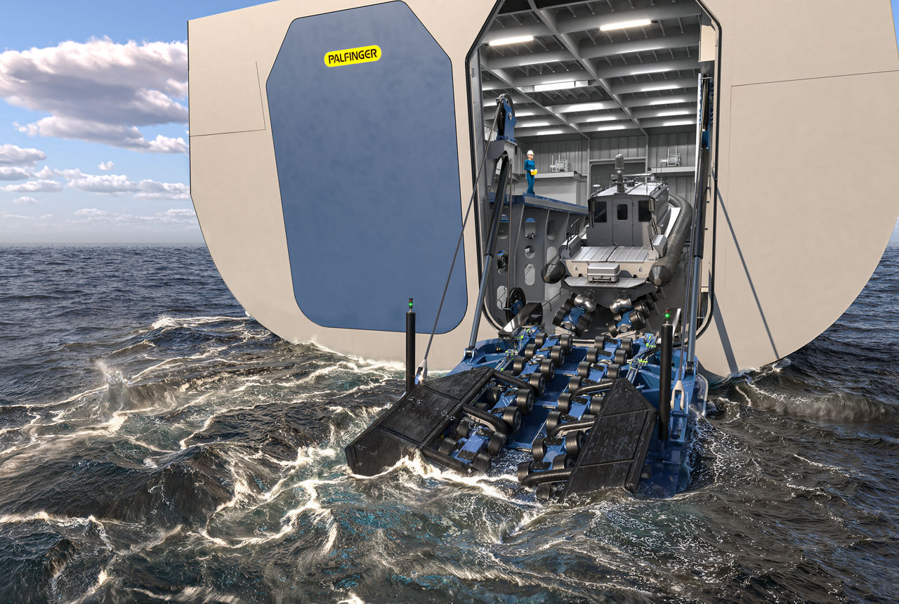 Starboard-side ramp/door open in the launch and recovery position. Suitable for day and night operations, with lights on the guide poles for visual alignment during approach and recovery. A green light indicates that the slipway is ready; a red light indicates that entry is not permitted.