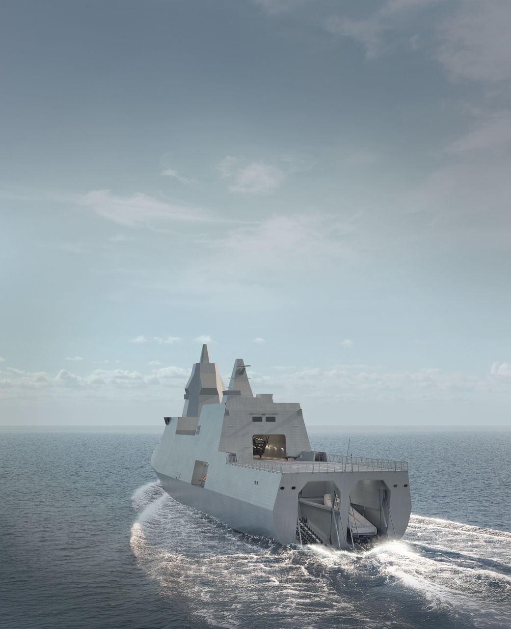 Artistic impression of the Singapore Navy MRCV with two PALFINGER PQBS-SR Slipway Systems arranged side-by-side. Image is used with permission from Singapore Defence Science and Technology Agency (DSTA).