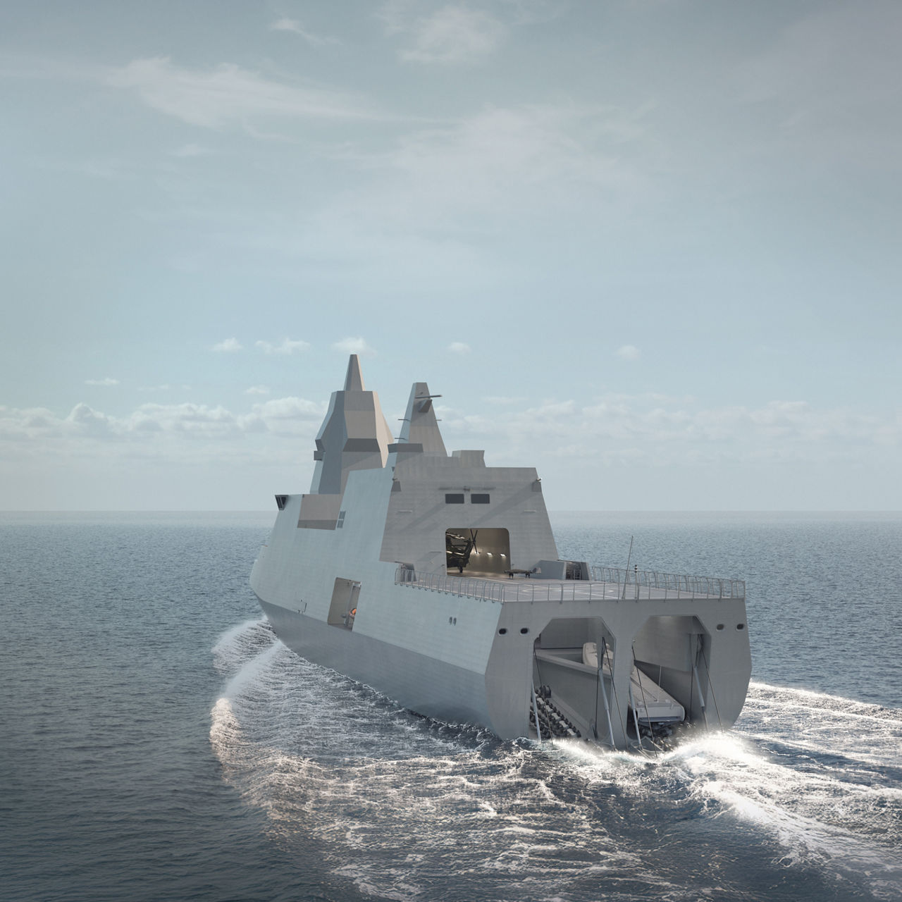 Artistic impression of the Singapore Navy MRCV with two PALFINGER PQBS-SR Slipway Systems arranged side-by-side. Image is used with permission from Singapore Defence Science and Technology Agency (DSTA).