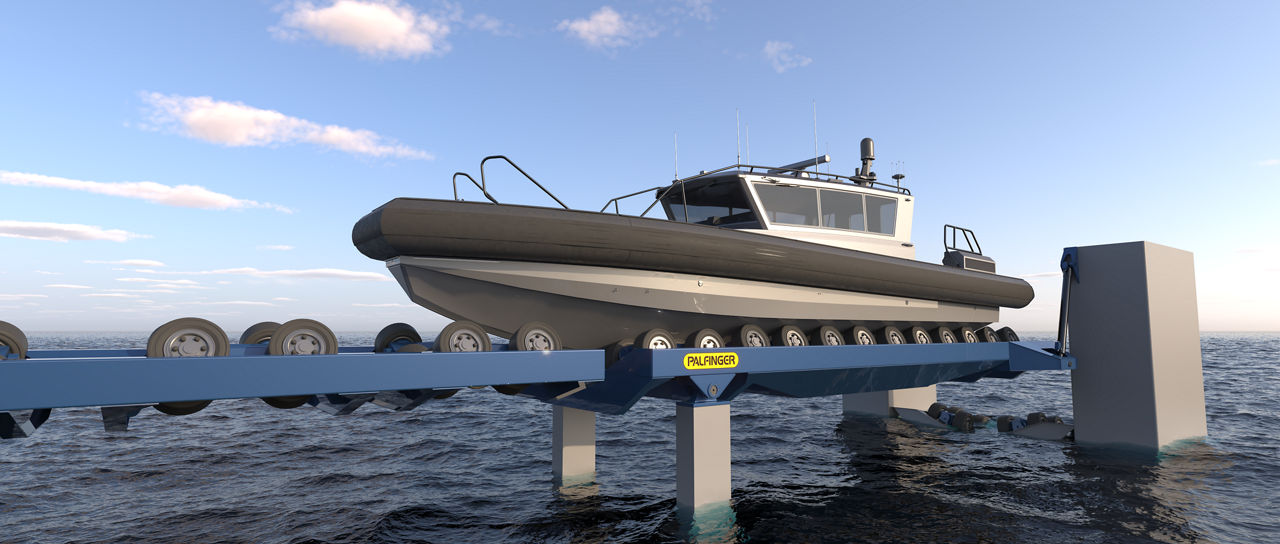 Boat in elevated position on slipway cradle