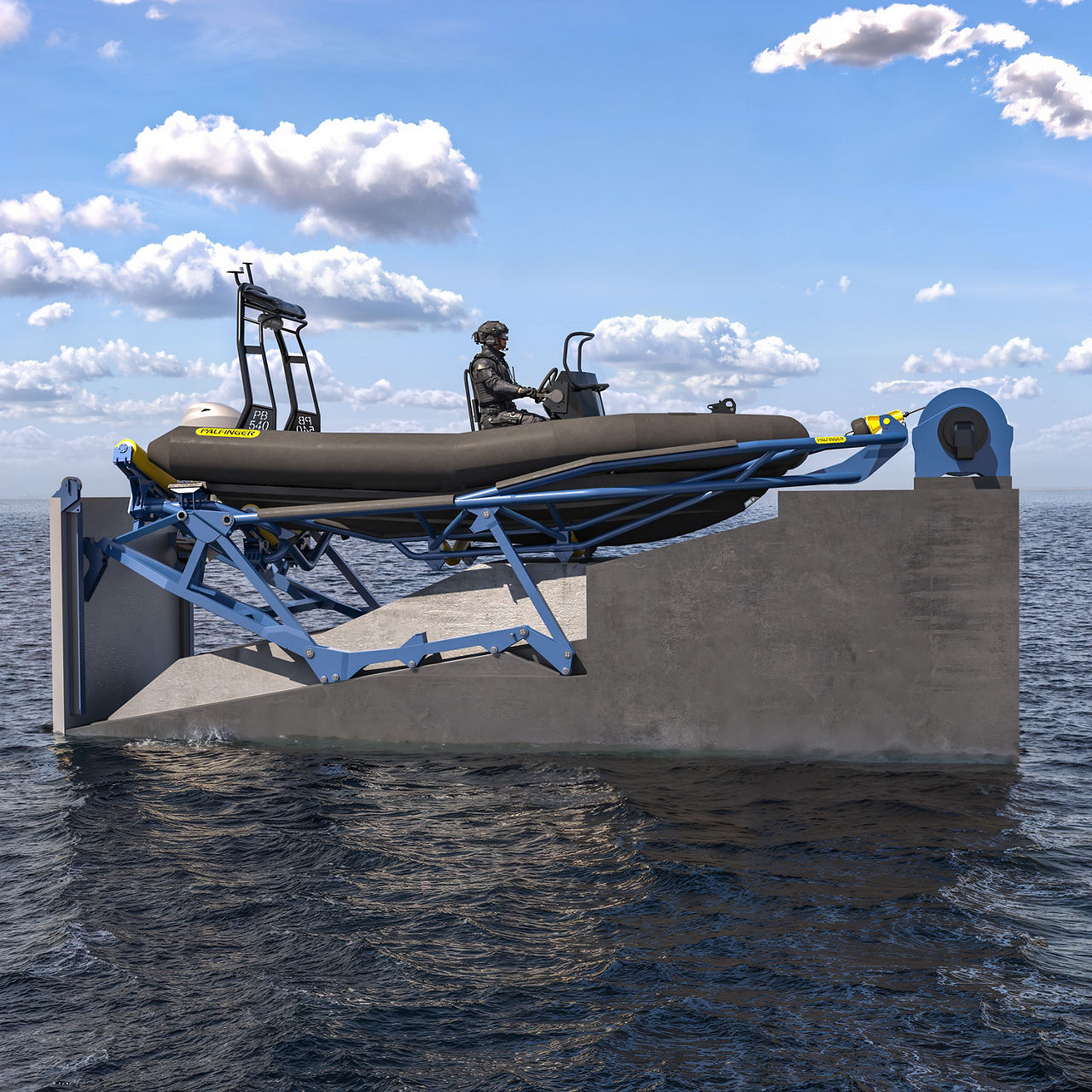 As the winch pulls the cradle inward, the mechanical guiding system lifts the cradle to deck level and into its parked position. During this same movement, the cradle engages with the stern door and raises it to the closed position.