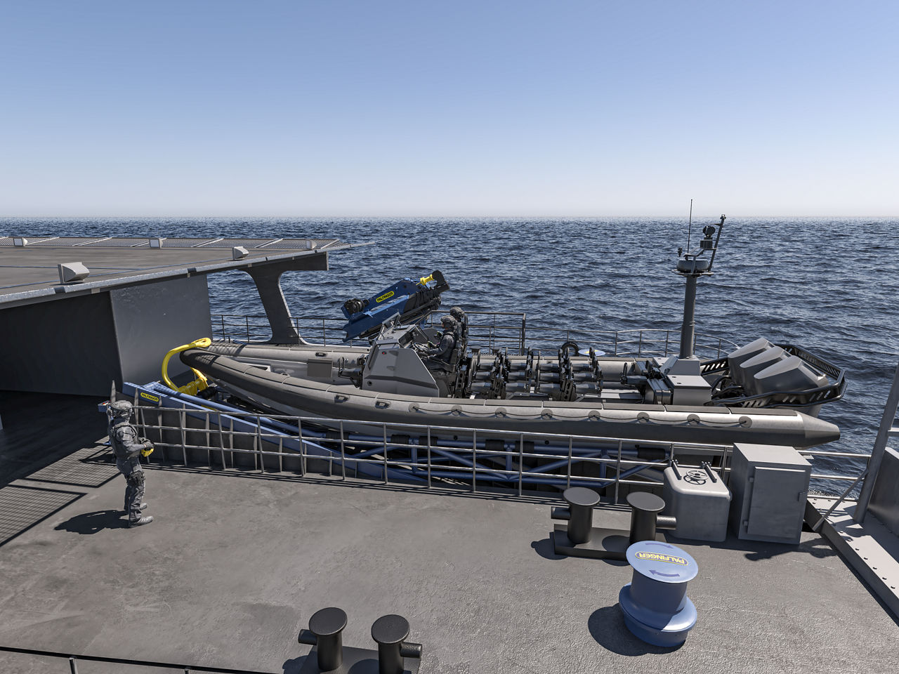 The boat and cradle is elevated to deck level and shown in its parking poistion. The 2-blade sliding stern door is closed and locked.