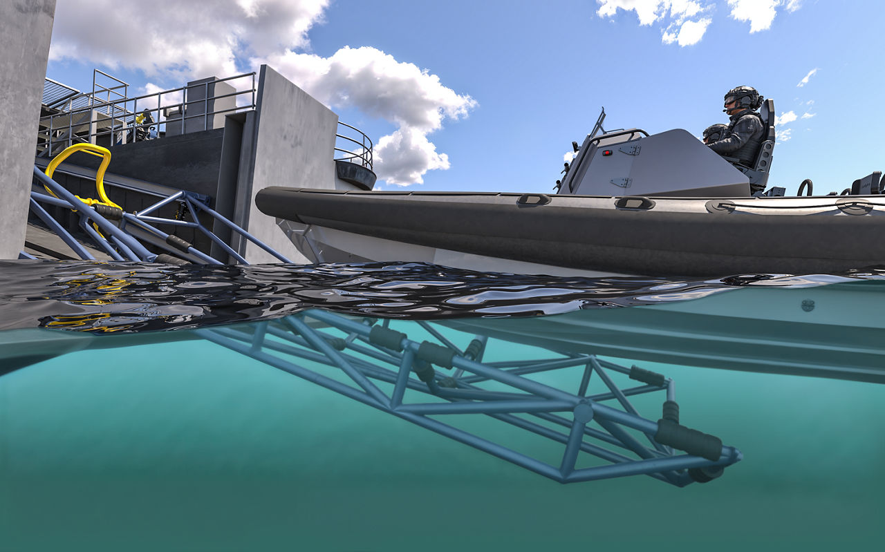 The boat maintains thrust against the cradle as it is retracted. The asymmetric guiding system raises the cradle, gradually lifting the boat out of the water and up to deck level.