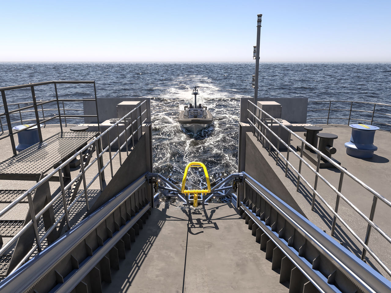 Asymmetric guide rails and gear racks, in combination with hydraulically operated pinion gears on the cradle, deploy the slipway cradle into its launch and recovery position.