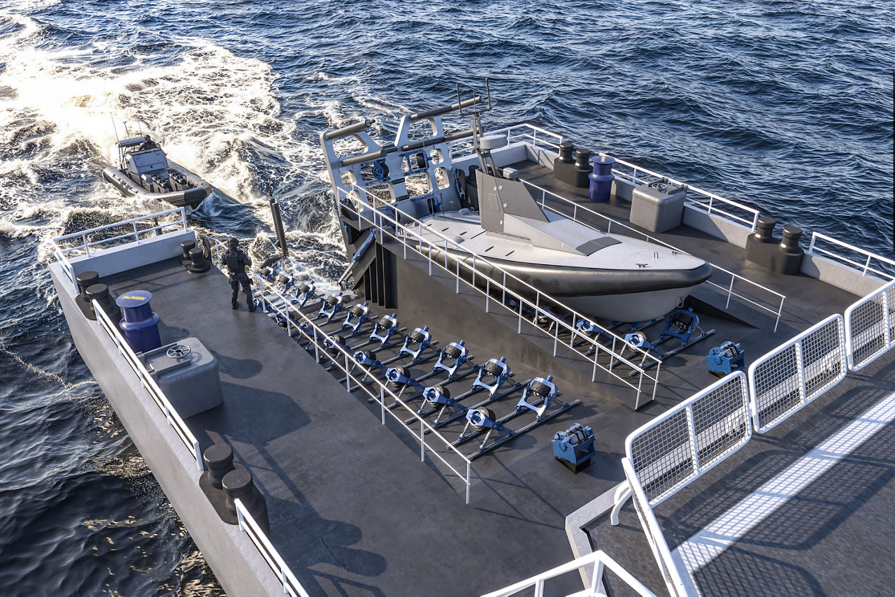 Hydraulically powered single wheel-drive units arranged in wheel pairs, installed directly on the sloped deck and on the stern ramp/door.