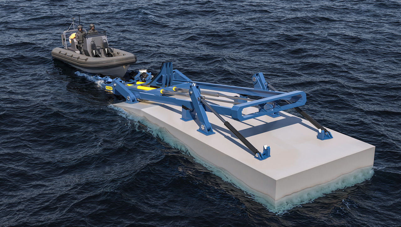 Hydraulically powered slipway frame and cradle in the launch and recovery position.
