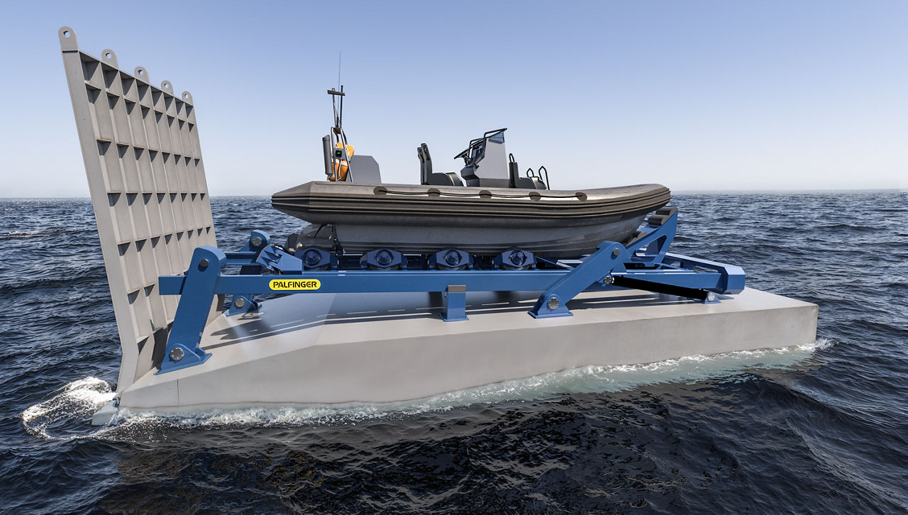 PSWS-T-D Slipway System and 6,5 meter RIB with inboard stern drive engine shown in parking position with closed stern door