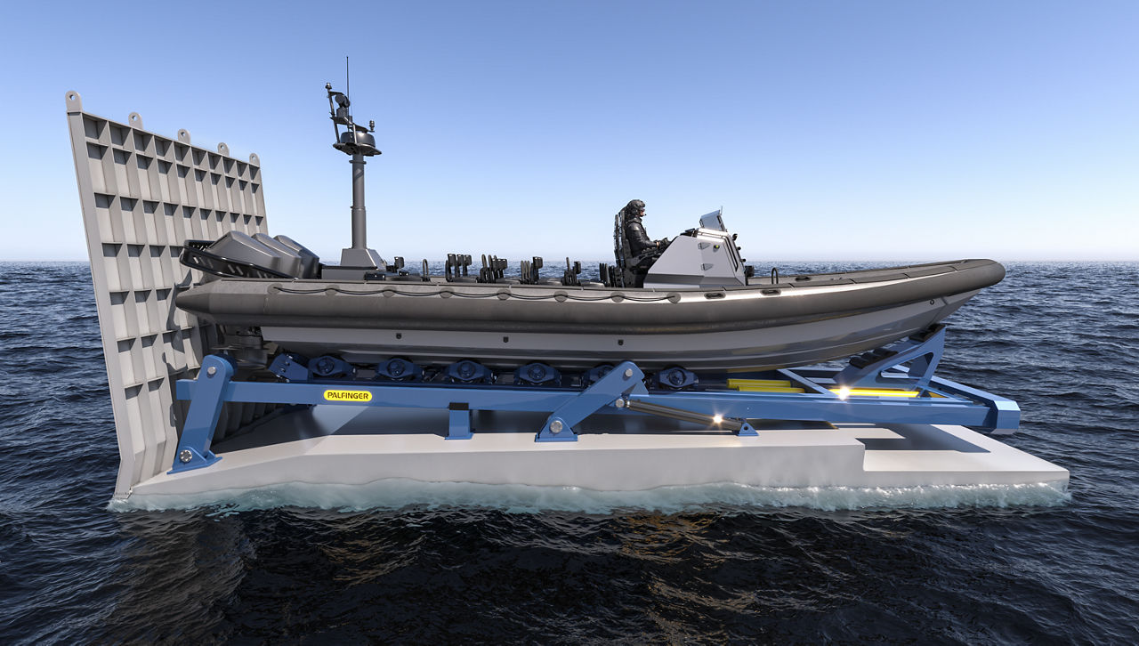 PSWS-T-D Slipway System and 12 meter RHIB with triple outboard engines shown in parking position with closed stern door