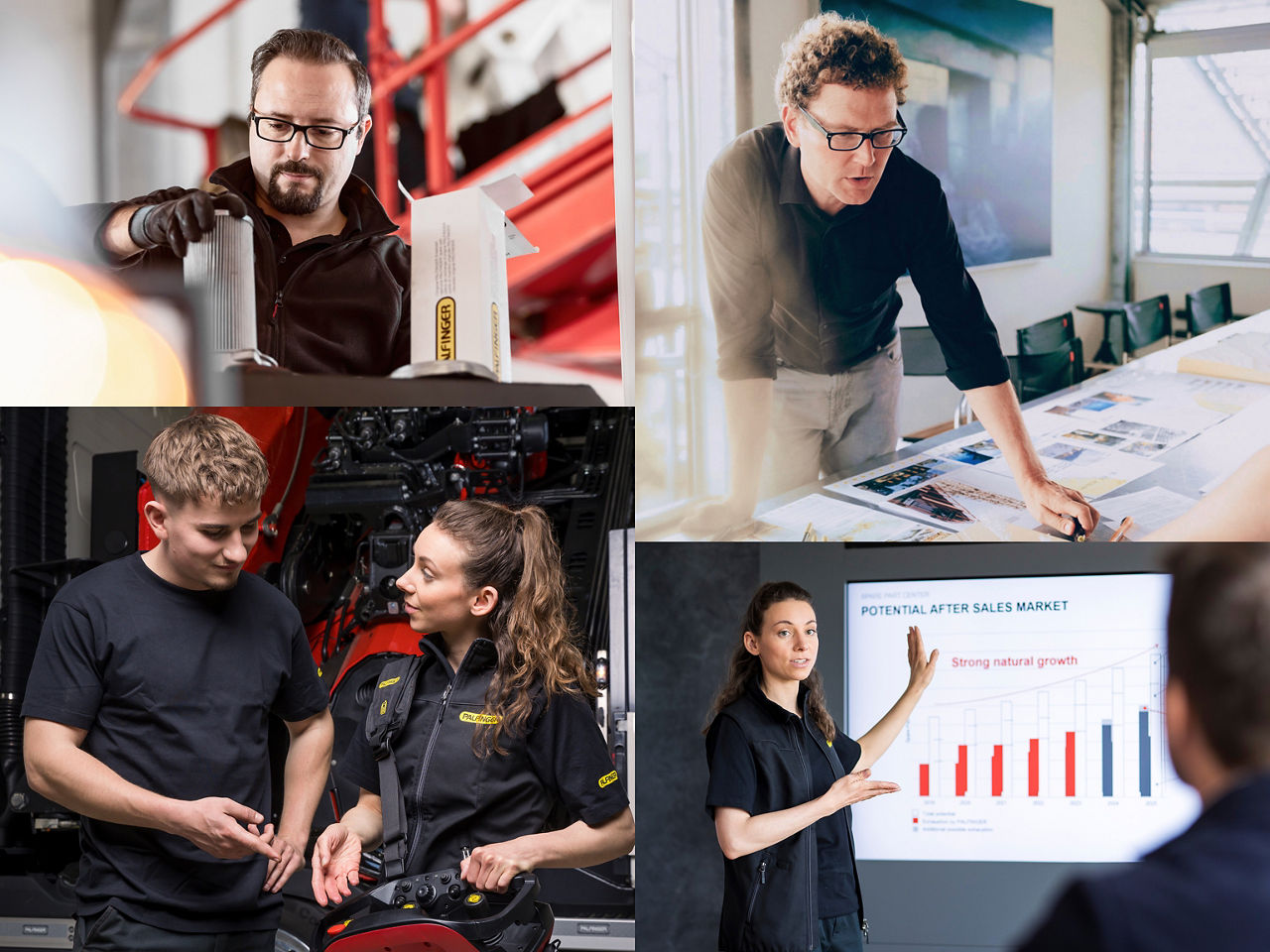 A collage showing professionals collaborating across technical, operational, and strategic work, including inspecting components, reviewing plans, hands-on teamwork around machinery, and presenting data, highlighting expertise, collaboration, and confidence.