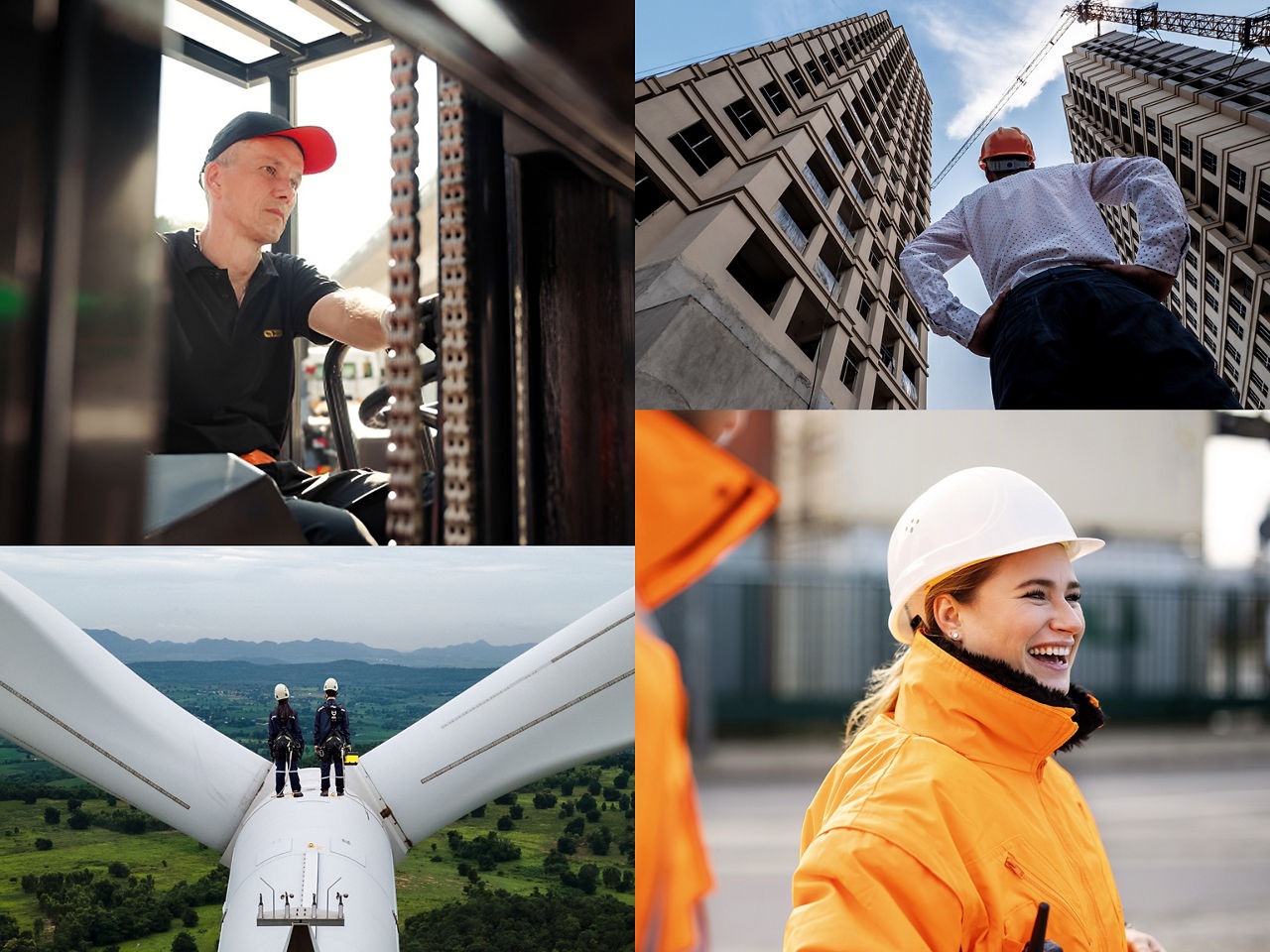 A collage showing people at work across construction, logistics, and energy environments, including operating machinery, overseeing building sites, working atop a wind turbine, and smiling in conversation, conveying confidence, safety, and human connection in industrial settings.