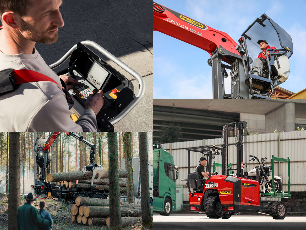 A collage showing PALFINGER operators using lifting and handling equipment across different environments, including precise machine control, elevated work platforms, forestry operations, and industrial material handling, highlighting skilled people, real-world applications, and confident product use.