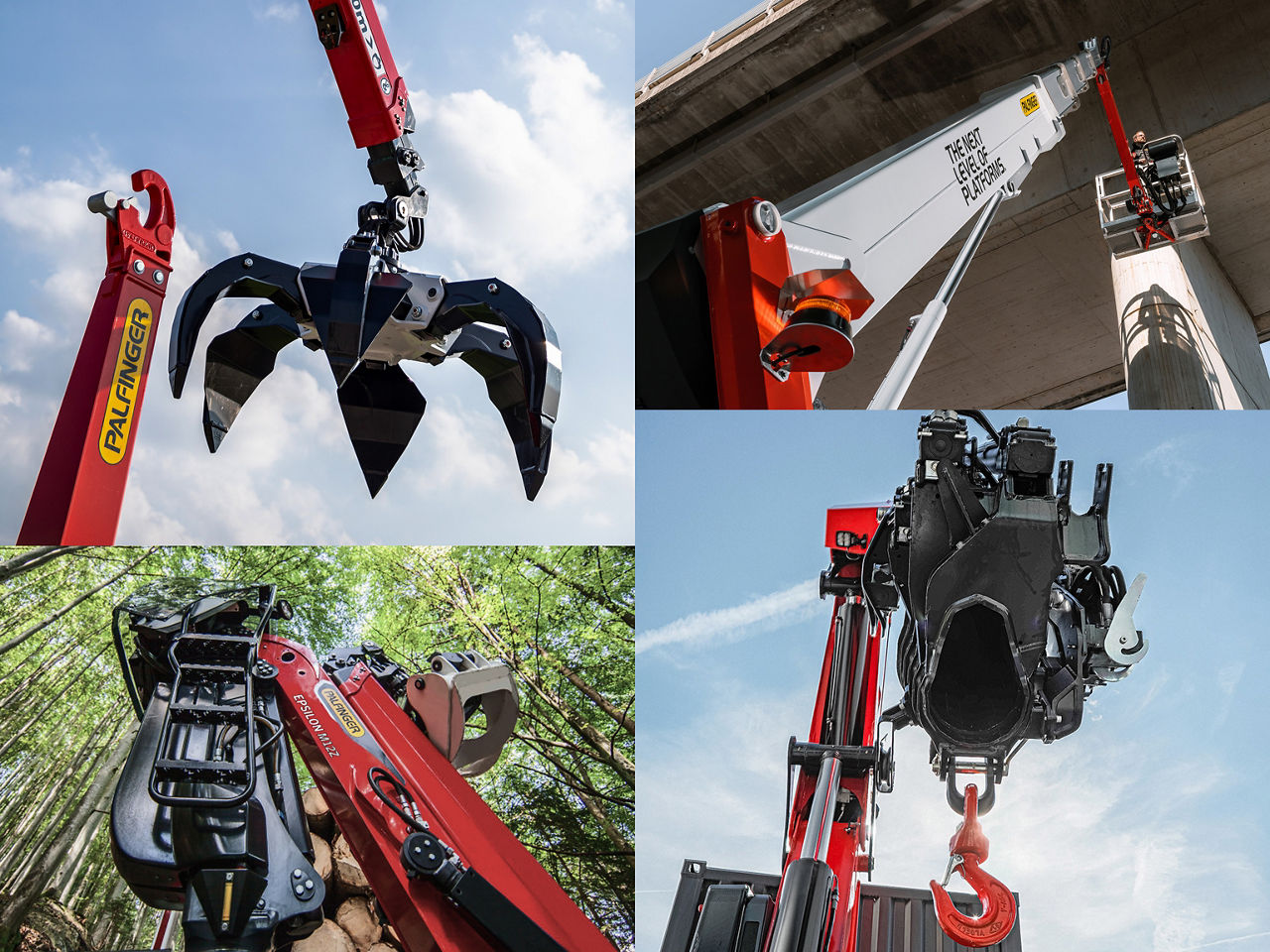 A collage showing PALFINGER lifting and access solutions in operation, including waste handling with a tipping truck, bridge and façade maintenance using aerial platforms, and rooftop technical work viewed from above, demonstrating strength, reach, and precision across industrial and infrastructure applications.