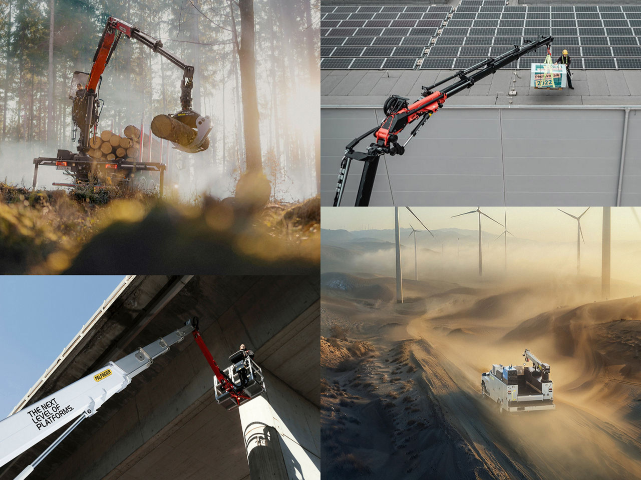Eine Collage, die PALFINGER Lifting solution in verschiedenen realen Umgebungen zeigt, einschließlich Holzhandhabung im Forst, technischer Arbeiten auf Dächern, Brückenwartung und Offroad-Einsätzen in der Nähe von Windturbinen, die Vielseitigkeit, Präzision und Leistung in verschiedenen Branchen hervorhebt.