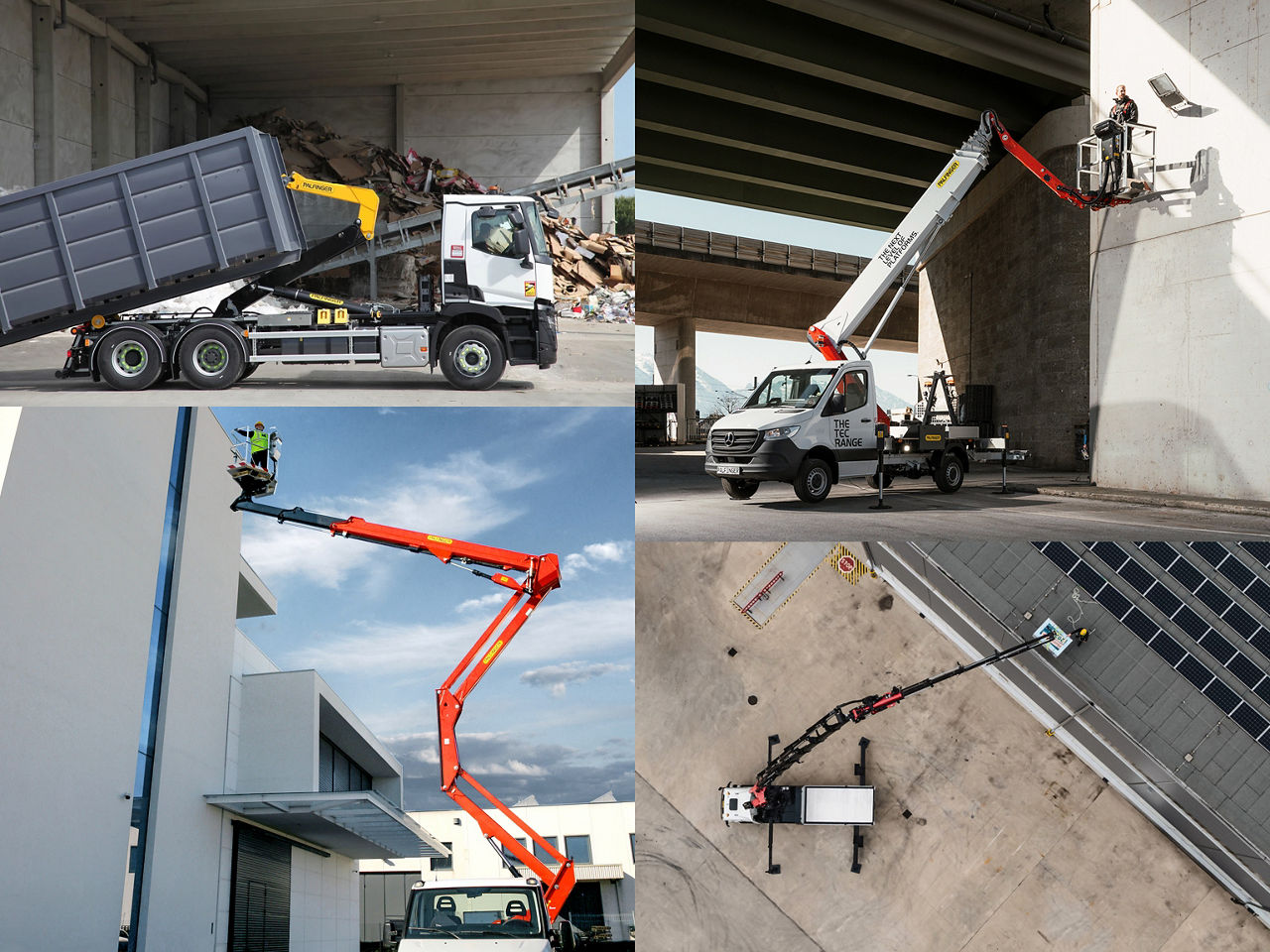 A collage showing PALFINGER lifting and access solutions in operation, including waste handling with a tipping truck, bridge and façade maintenance using aerial platforms, and rooftop technical work viewed from above, demonstrating strength, reach, and precision across industrial and infrastructure applications.