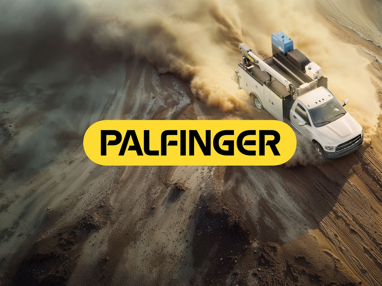 PALFINGER Logo on image of a service truck driving through the desert