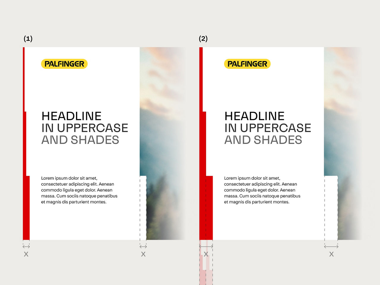 A layout example showing uplifting lines used as a divider between text and imagery. Two variations demonstrate different horizontal offsets while maintaining consistent spacing and hierarchy.