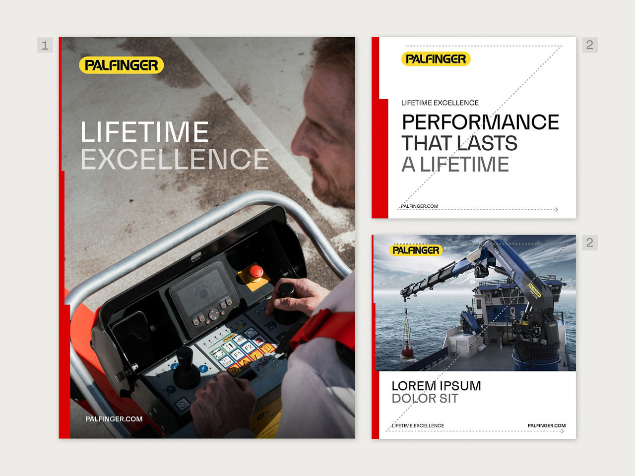 Campaign and social media layout examples combining strong headlines, product imagery, and brand accents for digital communication.