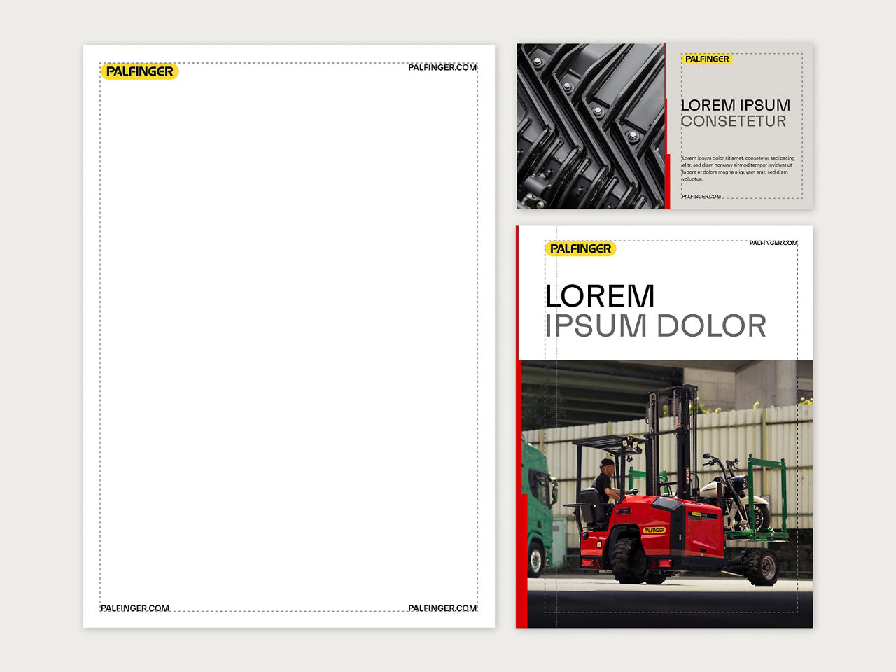 Flexible content modules showing image-led and text-led layouts, including headline cards, detail sections, and equipment imagery within the brand grid system.