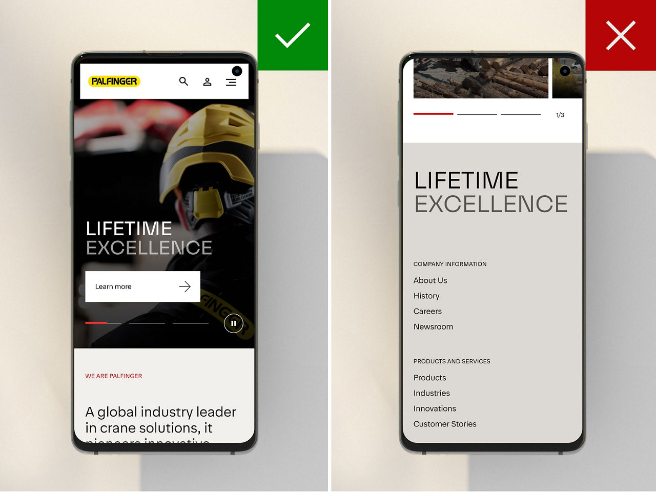 Incorrect brand usage examples showing a PALFINGER-branded pen and a mobile website page layout with misaligned or improper headline placement, marked with red cross icons to indicate disallowed applications.